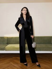 Women Solid Color With Belt Spring V-Neck Long Sleeve Velvet Waisted Elegant Old Money Style Jumpsuit, Business Casual Women Vacation Outfits - Black - View 1
