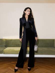 Women Solid Color With Belt Spring V-Neck Long Sleeve Velvet Waisted Elegant Old Money Style Jumpsuit, Business Casual Women Vacation Outfits - Black - View 4