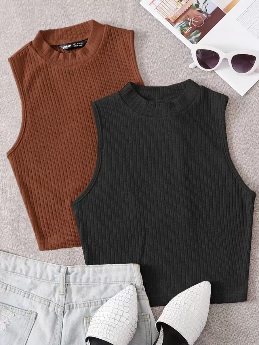 SHEIN EZwear لباس علوي تانك محبوك مضلع 2 قطع - متعدد الألوان - مشاهدة 1