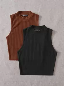 SHEIN EZwear لباس علوي تانك محبوك مضلع 2 قطع - متعدد الألوان - مشاهدة 3
