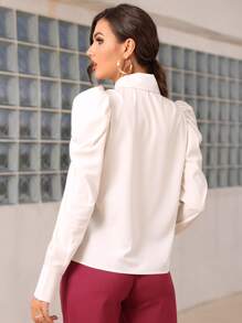 Solid Leg-of-mutton Sleeve Shirt - Beige - View 2