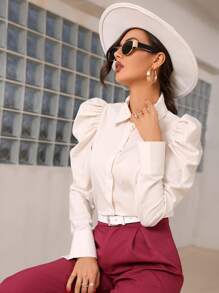 Solid Leg-of-mutton Sleeve Shirt - Beige - View 3