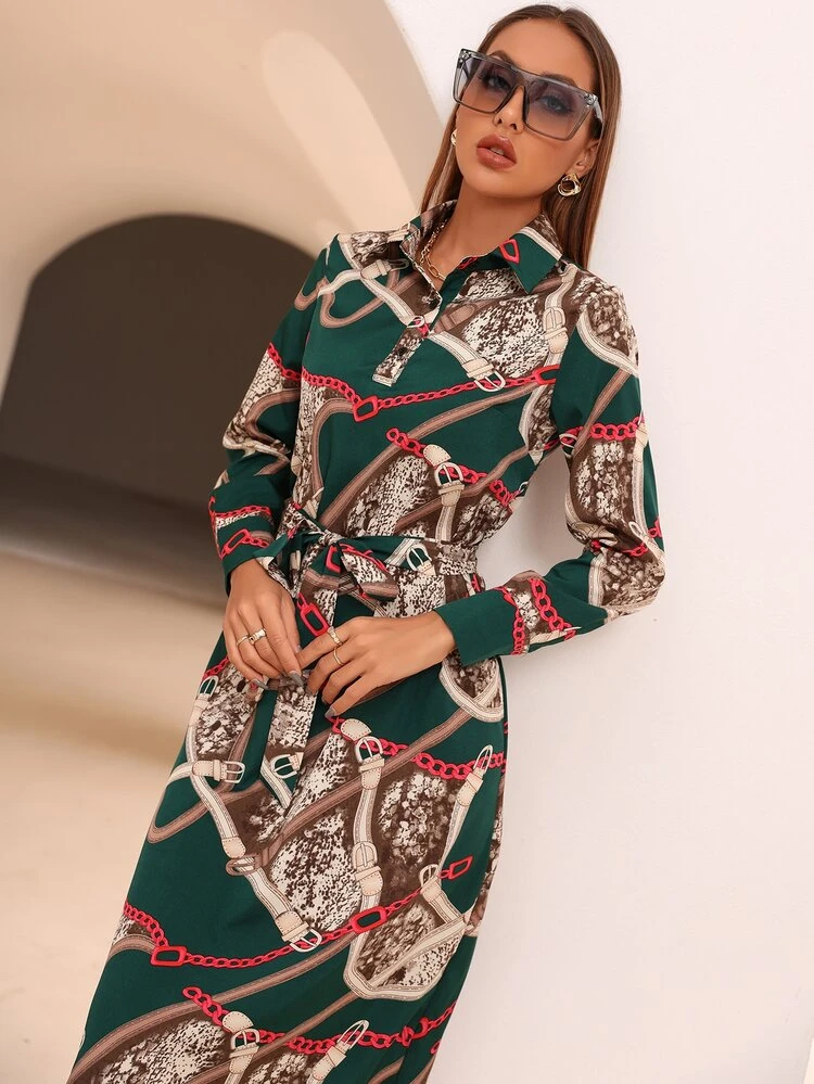 chains print belted casual shirt dress Reiss Chain-Print Belted Mini Dress in Black