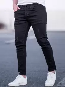 Manfinity Quần Jeans Nam Bị tách màu trơn - màu đen - Xem 1