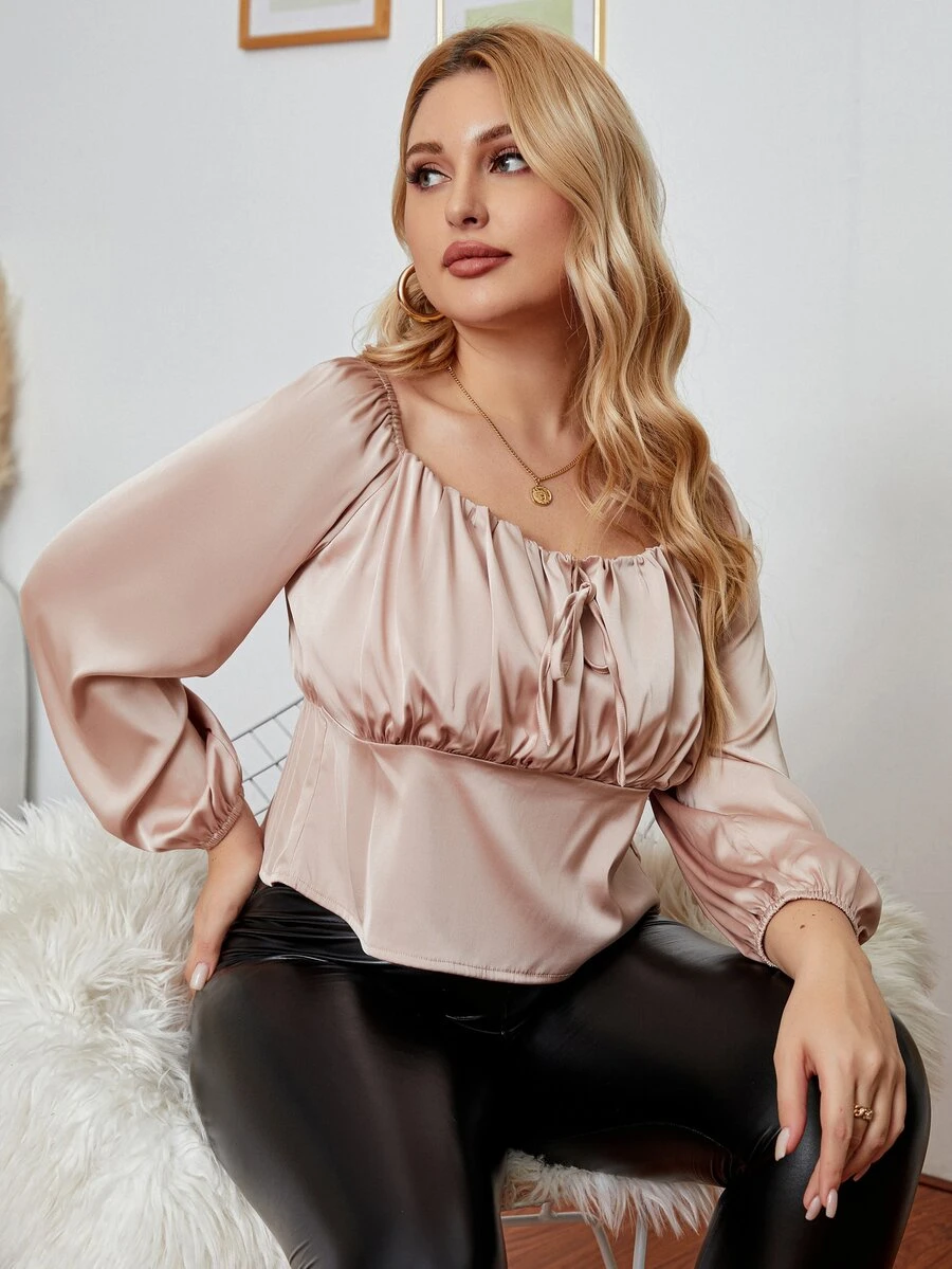 Plus Tie Front Satin Blouse - Apricot - View 1