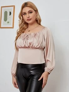 Plus Tie Front Satin Blouse - Apricot - View 3