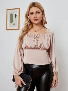 Plus Tie Front Satin Blouse - Apricot - View 5