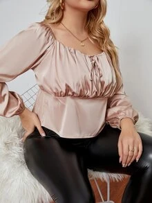 Plus Tie Front Satin Blouse - Apricot - View 6