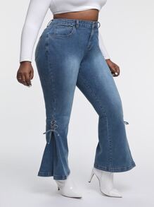 SHEIN SXY 大碼高腰繫帶打結牛仔喇叭褲 - 中等水洗藍 - 查看 1