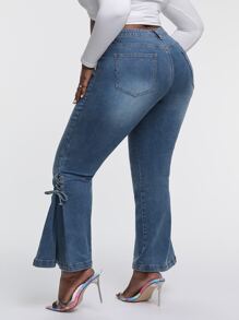 SHEIN SXY 大碼高腰繫帶打結牛仔喇叭褲 - 中等水洗藍 - 查看 2