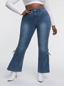 SHEIN SXY 大碼高腰繫帶打結牛仔喇叭褲 - 中等水洗藍 - 查看 5