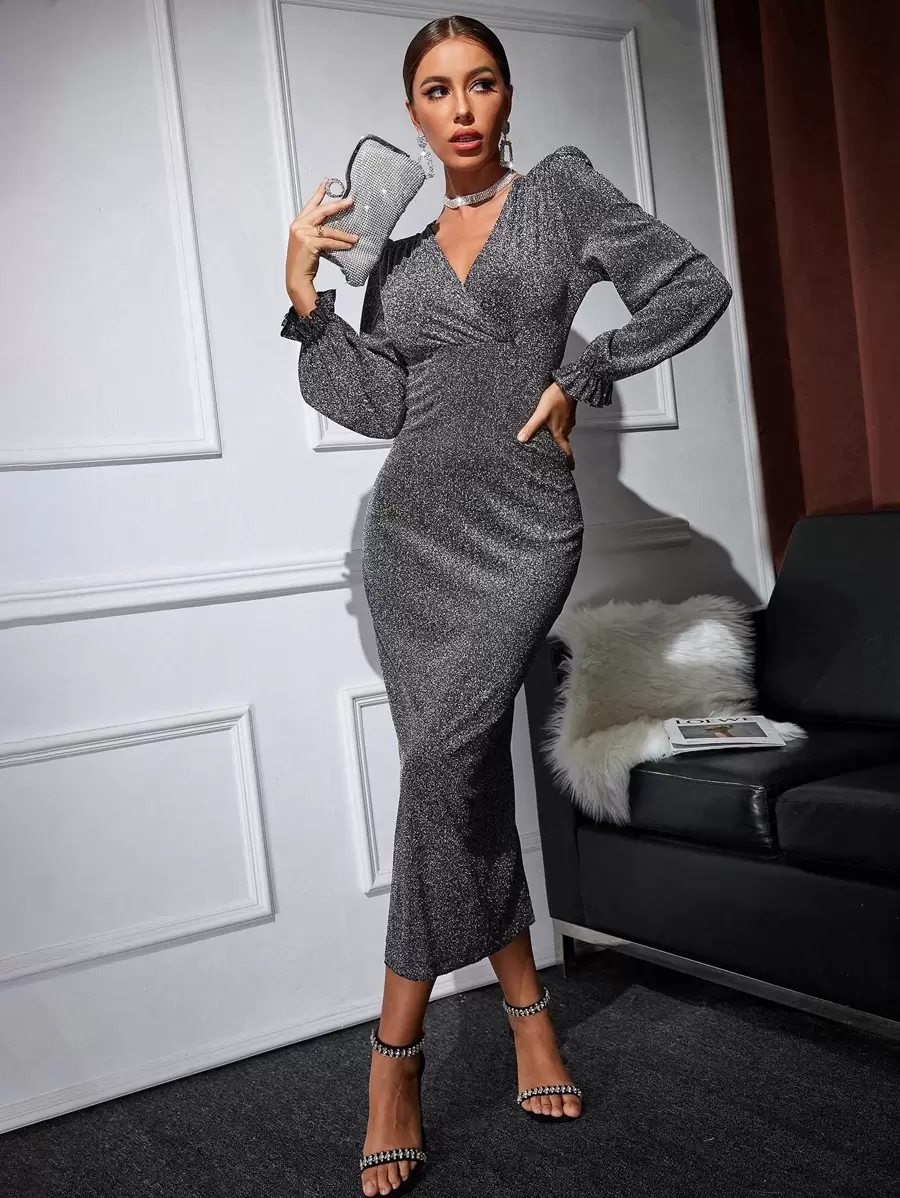 Modelyn Surplice Neck Flounce Sleeve Split Back Glitter Dress - Dark Grey - View 1