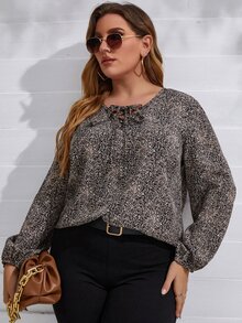 大碼滿版印花前繫帶襯衫 - 彩色 - 查看 3