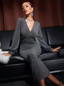 Modelyn Surplice Neck Flounce Sleeve Split Back Glitter Dress - Dark Grey - View 3