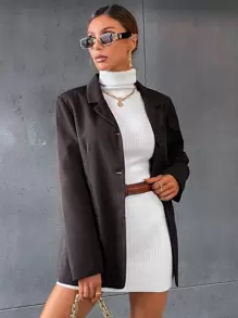 Lapel Neck Single Breasted Solid Blazer - Chocolate Brown - View 1