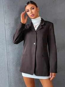 Lapel Neck Single Breasted Solid Blazer - Chocolate Brown - View 5
