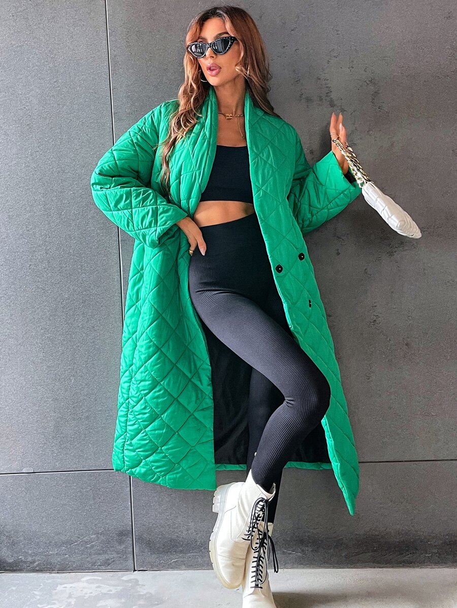 Abrigo largo acolchado sencillo y liso, ropa de invierno casual - Verde - Ver 1