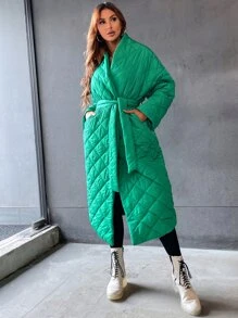 Abrigo largo acolchado sencillo y liso, ropa de invierno casual - Verde - Ver 4