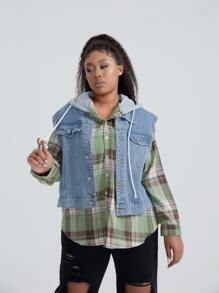 Plus Plaid Button Front Blouse & Drawstring Denim Jacket Set - Multicolor - View 1