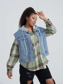 Plus Plaid Button Front Blouse & Drawstring Denim Jacket Set - Multicolor - View 4