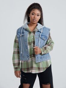 Plus Plaid Button Front Blouse & Drawstring Denim Jacket Set - Multicolor - View 5