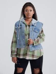 Plus Plaid Button Front Blouse & Drawstring Denim Jacket Set - Multicolor - View 6