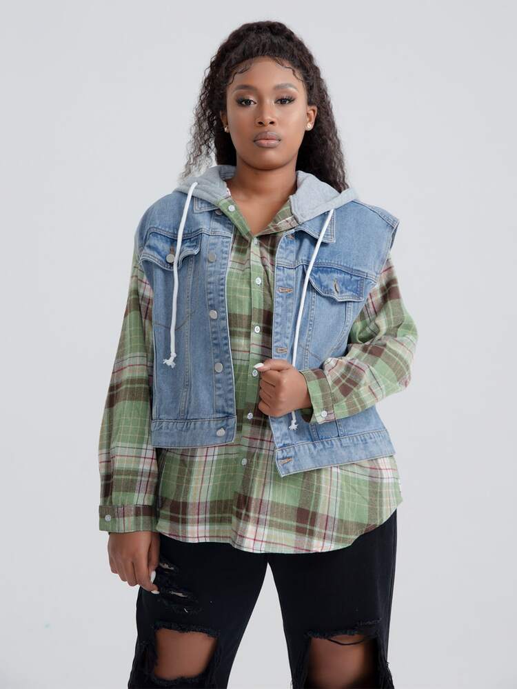Plus Plaid Button Front Blouse & Drawstring Denim Jacket Set - Multicolor - View 6