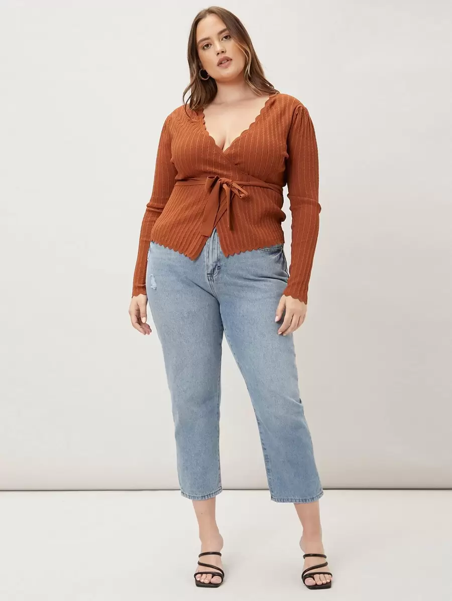 MOTF PREMIUM PLUS SCALLOP TRIM BELTED CARDIGAN - Rust Brown - View 1