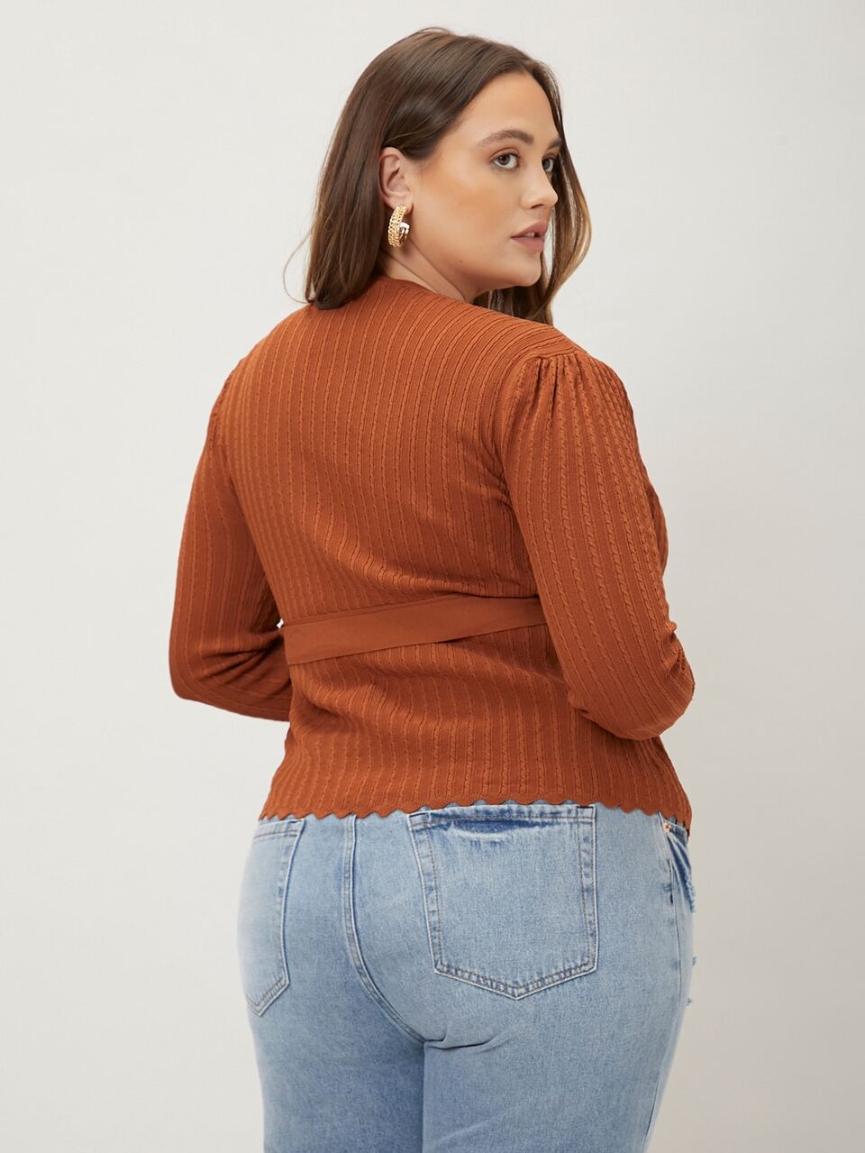 PLUS SCALLOP TRIM BELTED CARDIGAN