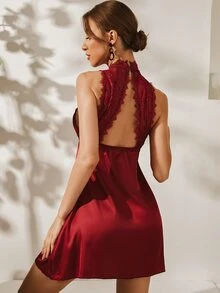 Váy ngủ & áo ngủ Nữ Lộ Lưng Tương phản ren Cắt ra màu trơn Gợi cảm - Màu Đỏ Sâu - Xem 2