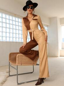 Modelyn Two Tone Belted Shirt Jumpsuit - Multicolor - View 6