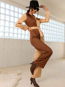 Modelyn Two Tone Belted Shirt Jumpsuit - Multicolor - View 3