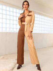 Modelyn Two Tone Belted Shirt Jumpsuit - Multicolor - View 4