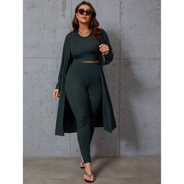 

Plus Open Front Coat & Tank Top & Leggings, Dark green