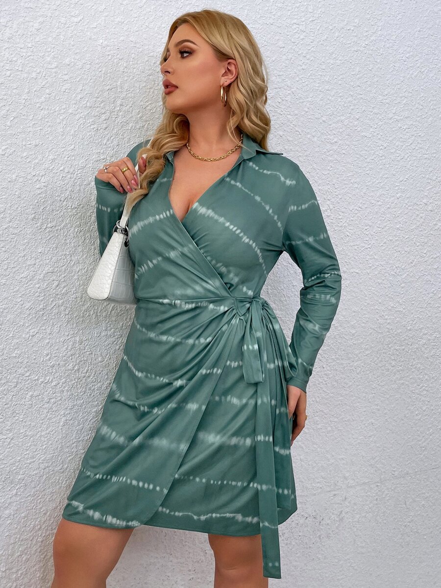 Plus Tie Dye Print Tie Side Wrap Dress - Mint Green - View 1