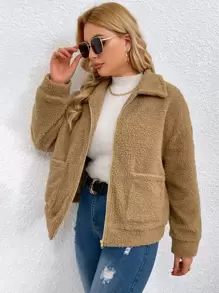 Plus Dual Pocket Zip-up Teddy Jacket - Camel - View 3