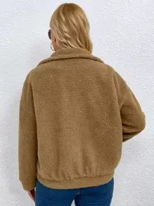 Plus Dual Pocket Zip-up Teddy Jacket - Camel - View 2