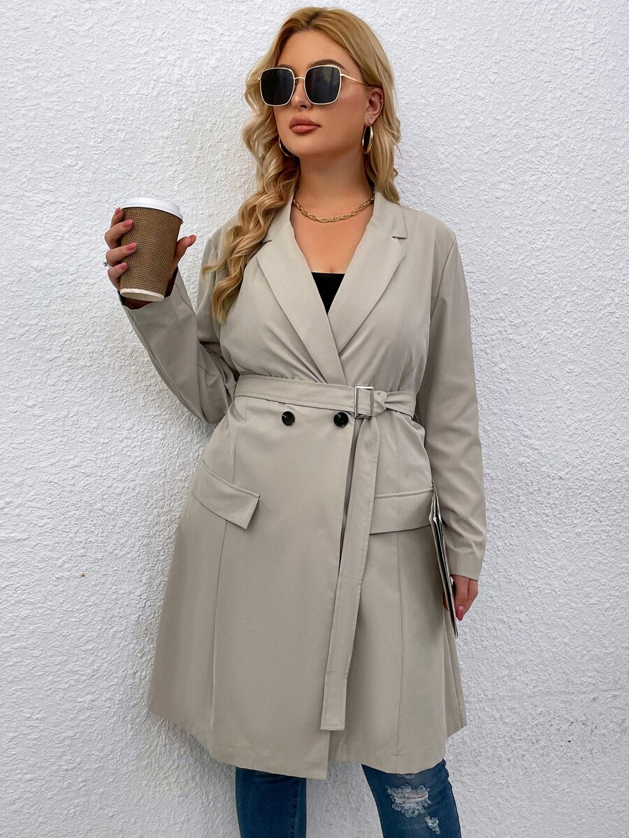 Áo khoác cỡ lớn Thắt lưng Nút đôi màu trơn Thanh lịch - Màu be - Xem 1