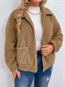 Plus Dual Pocket Zip-up Teddy Jacket - Camel - View 4