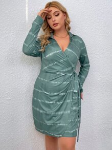 Plus Tie Dye Print Tie Side Wrap Dress - Mint Green - View 4