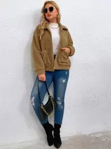 Plus Dual Pocket Zip-up Teddy Jacket - Camel - View 5