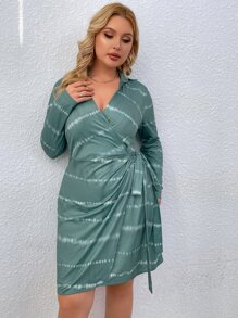 Plus Tie Dye Print Tie Side Wrap Dress - Mint Green - View 5