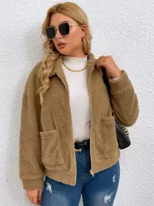 Plus Dual Pocket Zip-up Teddy Jacket - Camel - View 1