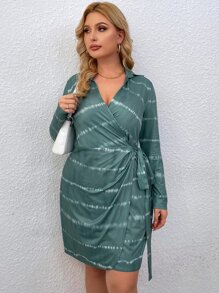 Plus Tie Dye Print Tie Side Wrap Dress - Mint Green - View 6