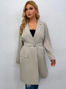 Áo khoác cỡ lớn Thắt lưng Nút đôi màu trơn Thanh lịch - Màu be - Xem 4