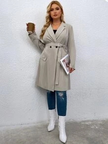 Áo khoác cỡ lớn Thắt lưng Nút đôi màu trơn Thanh lịch - Màu be - Xem 6