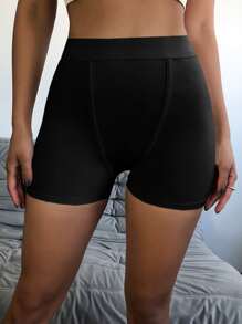 Solid High Waist Cycling Shorts - Black - View 1