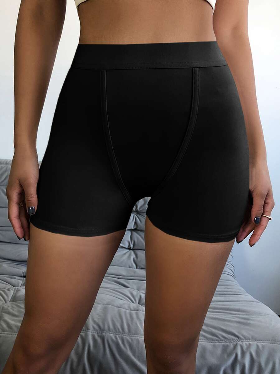 Solid High Waist Cycling Shorts - Black - View 1