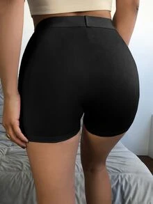 Solid High Waist Cycling Shorts - Black - View 2