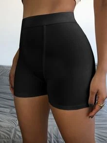 Solid High Waist Cycling Shorts - Black - View 3